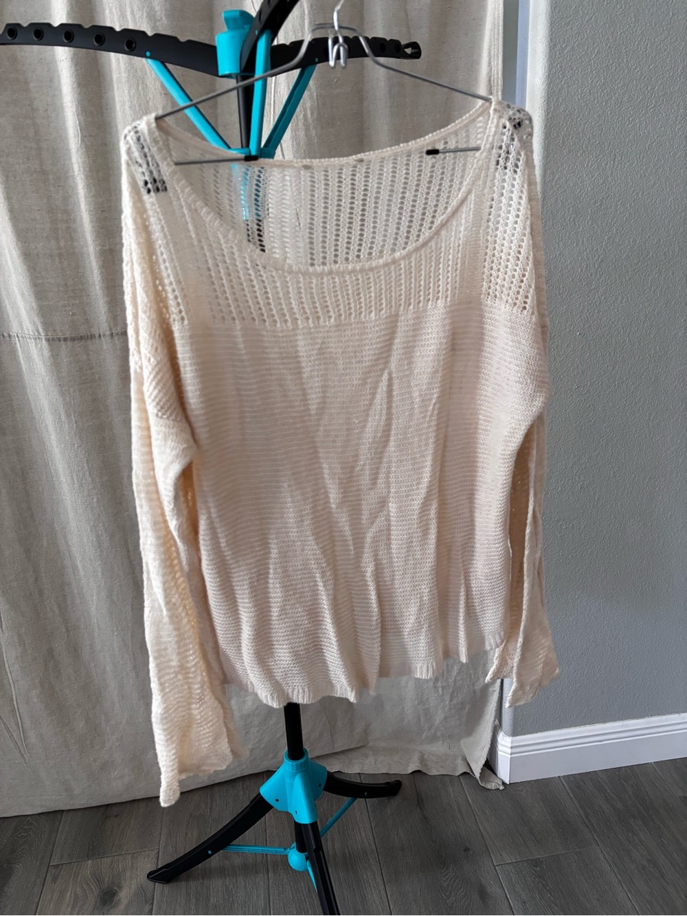 Lucky Brand Cream Scoop Neck Open-Stitch Knit Sweater 100% linen